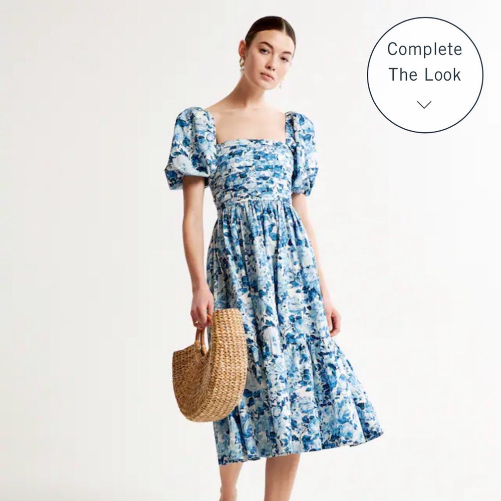 Abercrombie Emerson Poplin Puff Sleeve Midi Dress - Blue Floral - Medium